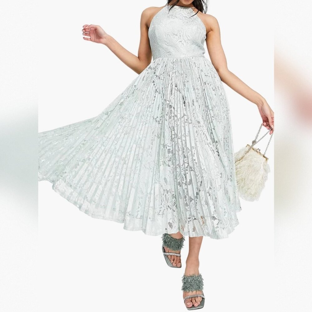Mint Pleated Lace Midi Prom Dress